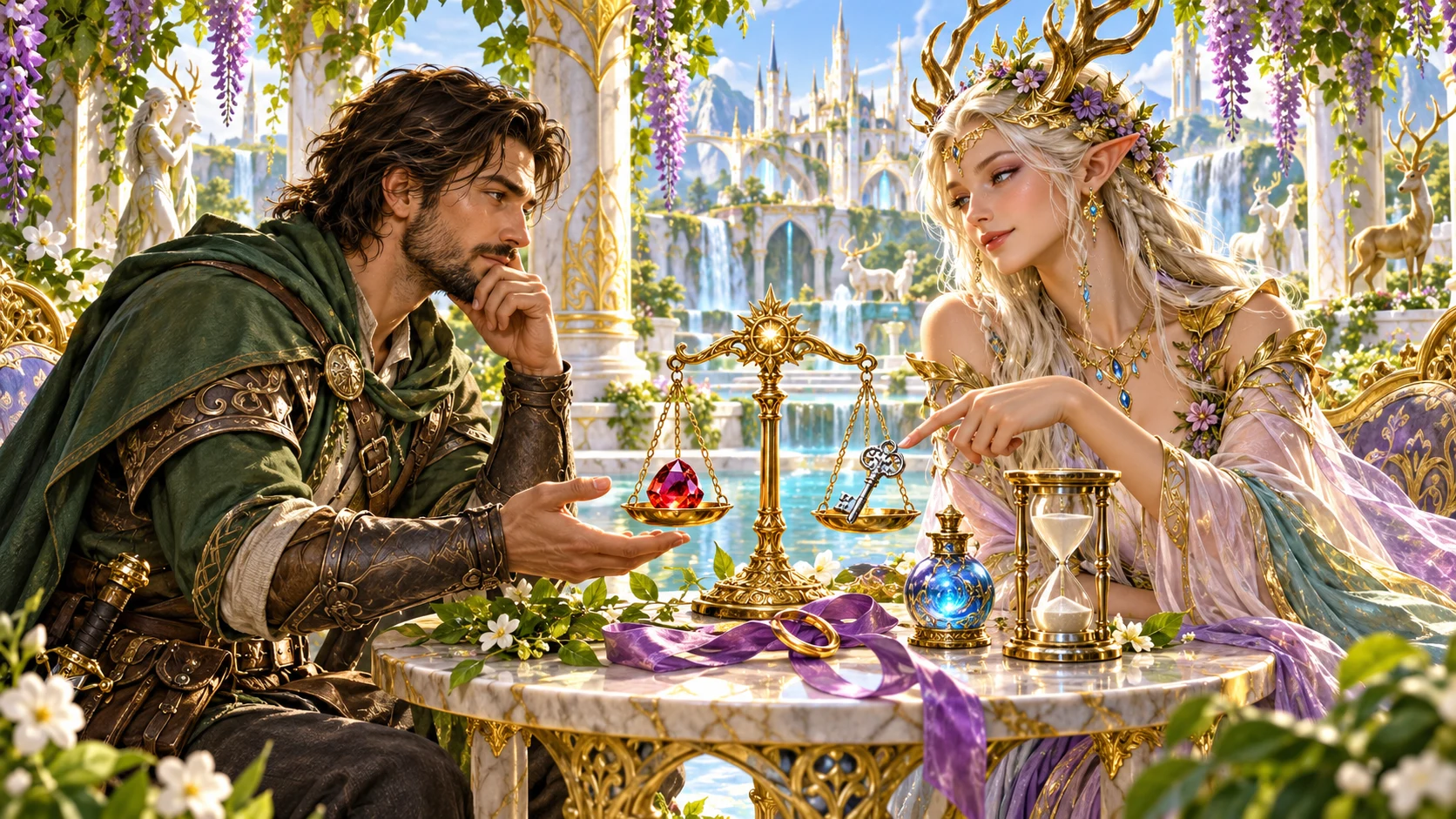 An illustrated adventurer and antler-crowned fantasy noble negotiate beside balanced scales in a bright garden palace.