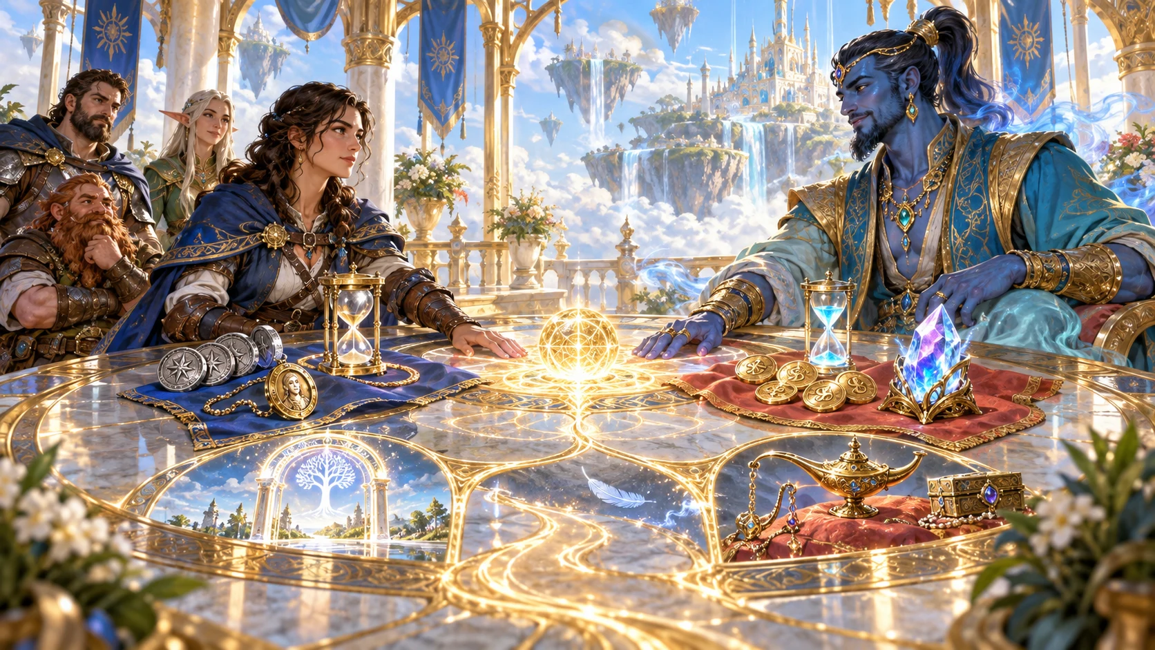 An illustrated adventurer and blue-skinned supernatural being consider a balanced agreement with symbolic prices and open routes.