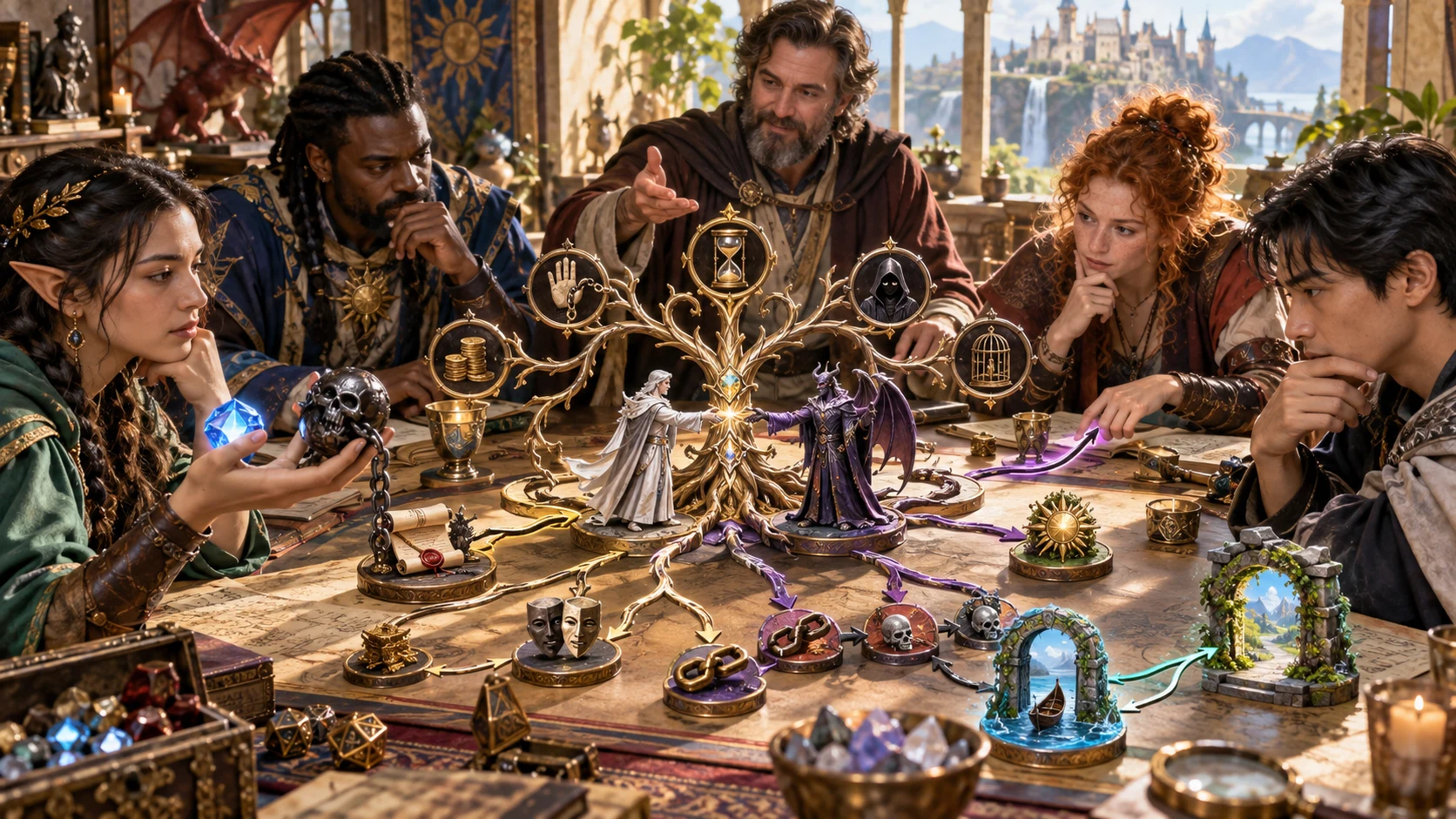 A fantasy game group considers symbolic obligations, costs and branching release routes around a tabletop agreement.